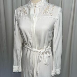Topshop White Button-Up ShirtDress with Lace Details and Belted Waist